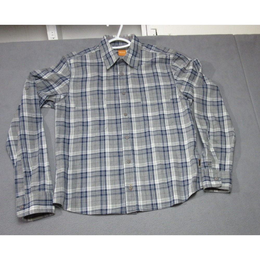 Hugo Boss Shirt Mens Small Blue Gray Tartan Plaid Boss Casual Point Button Up